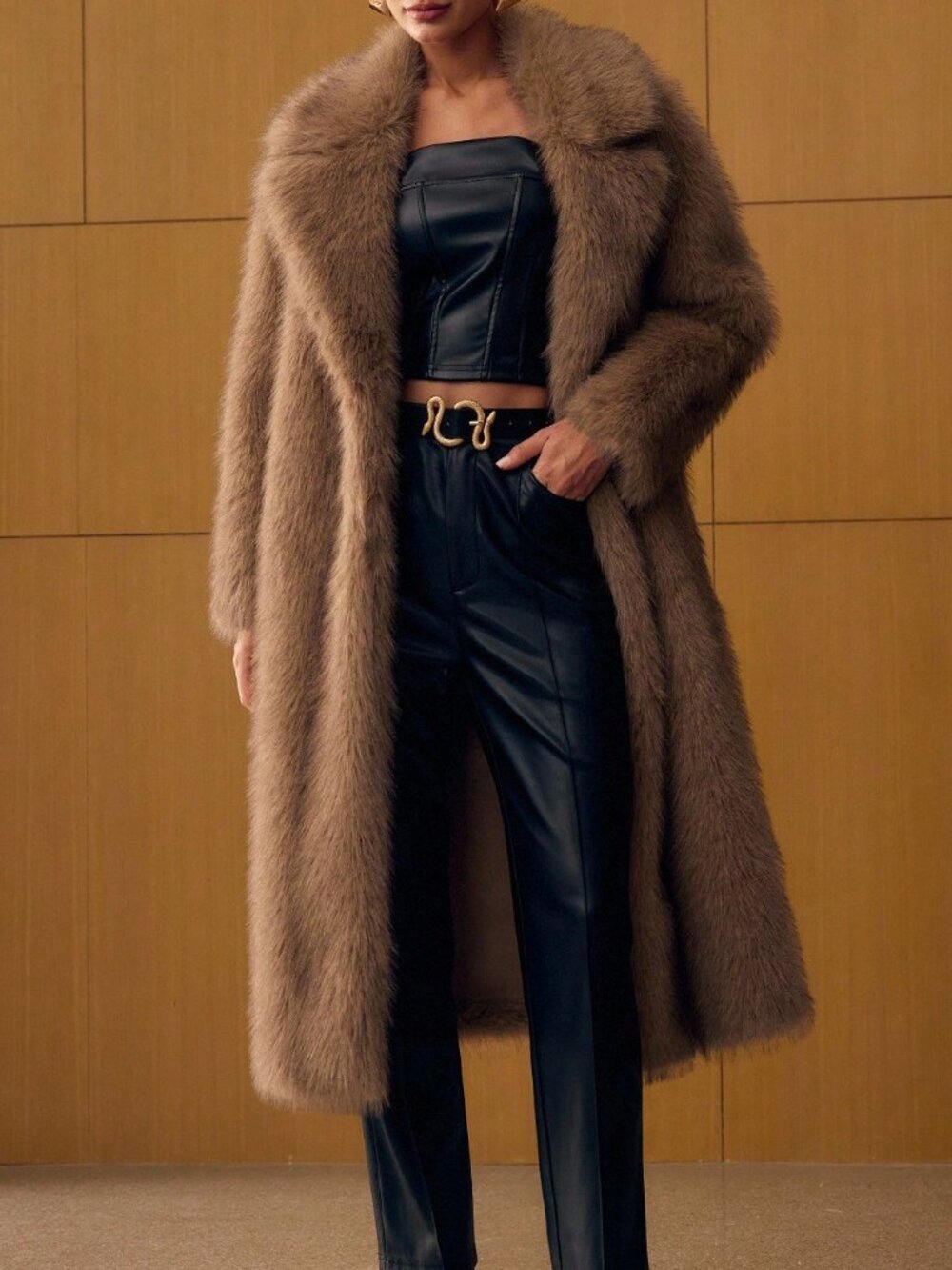 Brown Casual Women's Long Faux Fur Collar Coat